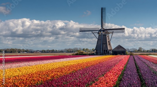 Colorful tulip fields meet a historic windmill under a vibrant sky