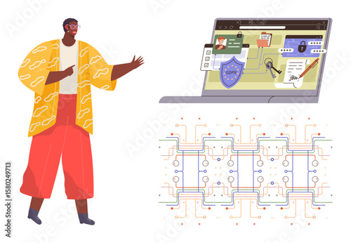 Person presenting digital security concepts with a laptop displaying data, shield, and lock icons alongside a blockchain network grid. Ideal for data protection, cybersecurity, blockchain, technology