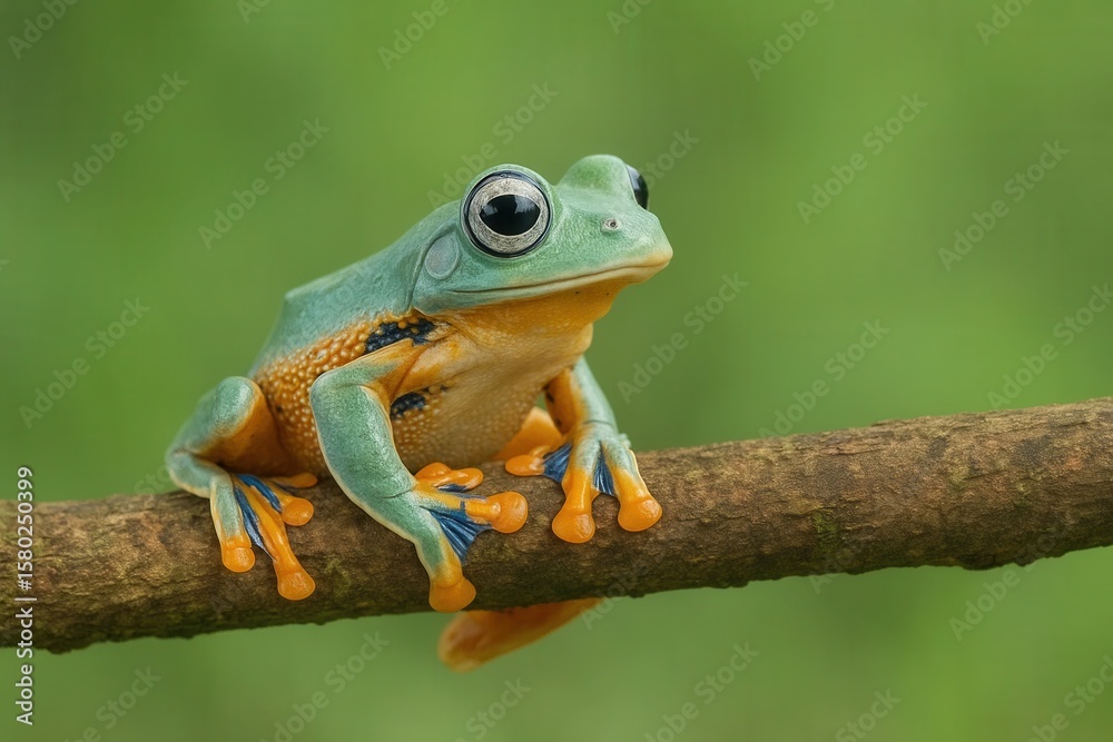 Fototapeta premium A vibrant green frog with orange hues perches on a brown branch against a verdant backdrop