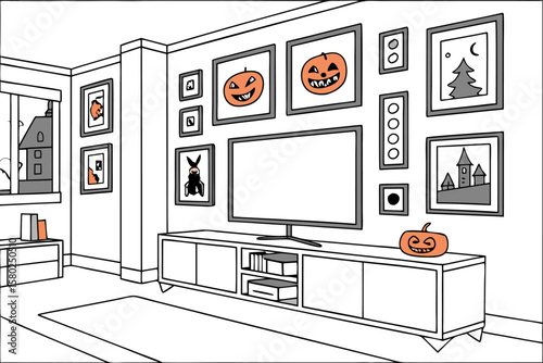 Interior room view with halloween themed pictures and a tv on a cabinet with a pumpkin decoration