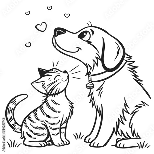 Adorable cat and dog duo: line art of furry companions. Vector hand-drawn doodle illustration black and white