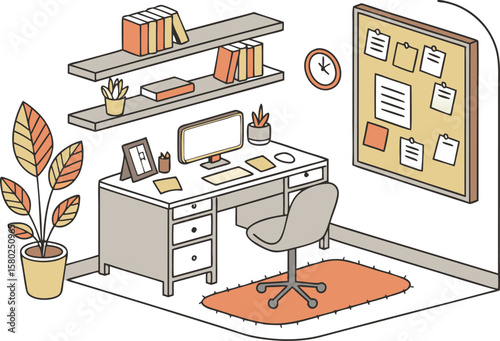 Isometric view of a workspace with desk, computer, chair, shelves, and notice board in a room setting