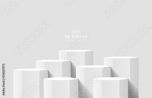 Abstract white 3d background in bright studio room. Seven realistic 3D hexagon podium pedestal. 3D stage for show product. Minimal wall scene for product mockup. 3D vector geometric platform.
