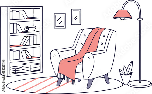 Illustration of a cozy living room with a bookcase armchair lamp and decorative elements inside room