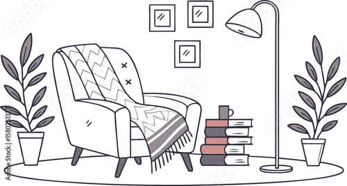 Illustration of an armchair with a blanket, a lamp, books, plants, and frames on the wall in a room setup