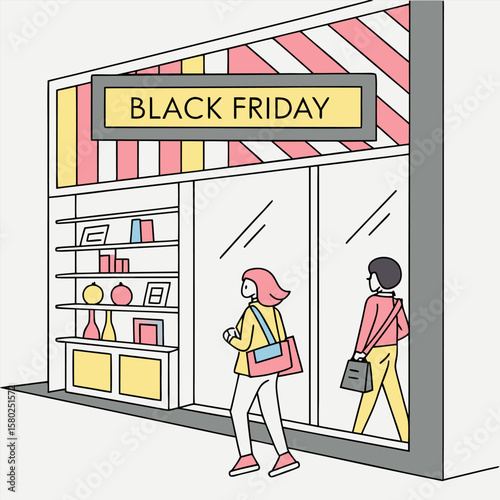 People entering a store with a black friday sign and display shelves with various decorative items