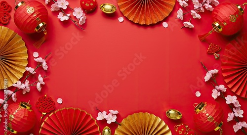 Festive still life 2026 lunar new year concept with traditional red lanterns, paper fans, cherry blossoms on red background. Flat lay, top view, copy space