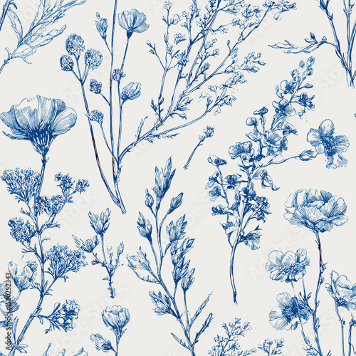Seamless Pattern Blue and White Hand Sketched Wild Flowers with Delicate Ink Linework on Textured Paper Background 