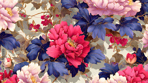 Japanese Traditional Watercolor Pattern with Elegant Floral Motifs and Seamless Design for Vintage Oriental Backgrounds Stock Illustration