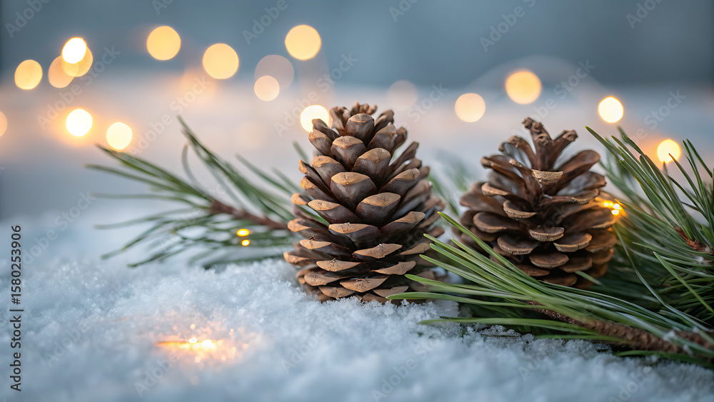 Fototapeta premium Two pinecones and pine needles resting in soft snow with blurry festive lights