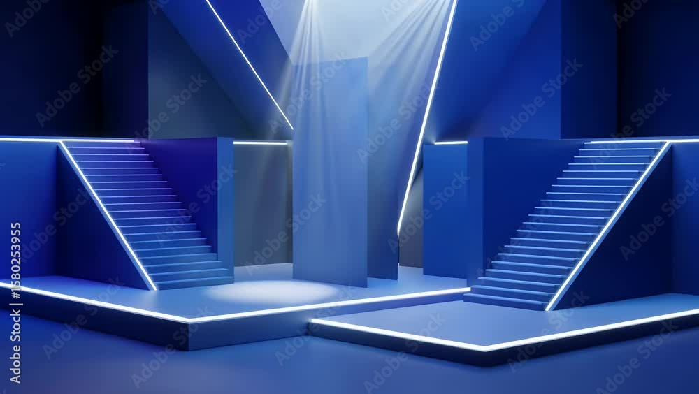 Abstract futuristic interior with blue stairs and spotlights