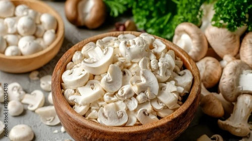 Wallpaper Mural Freshly sliced mushrooms are presented in a wooden bowl, surrounded by whole mushrooms and parsley Torontodigital.ca