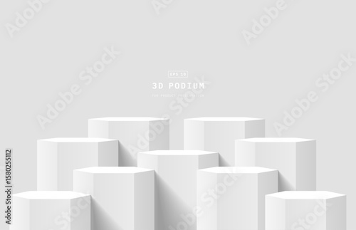 Abstract white 3d background in bright studio room. Nine realistic 3D hexagon podium pedestal. 3D stage for show product. Minimal wall scene for product mockup. 3D vector geometric platform.
