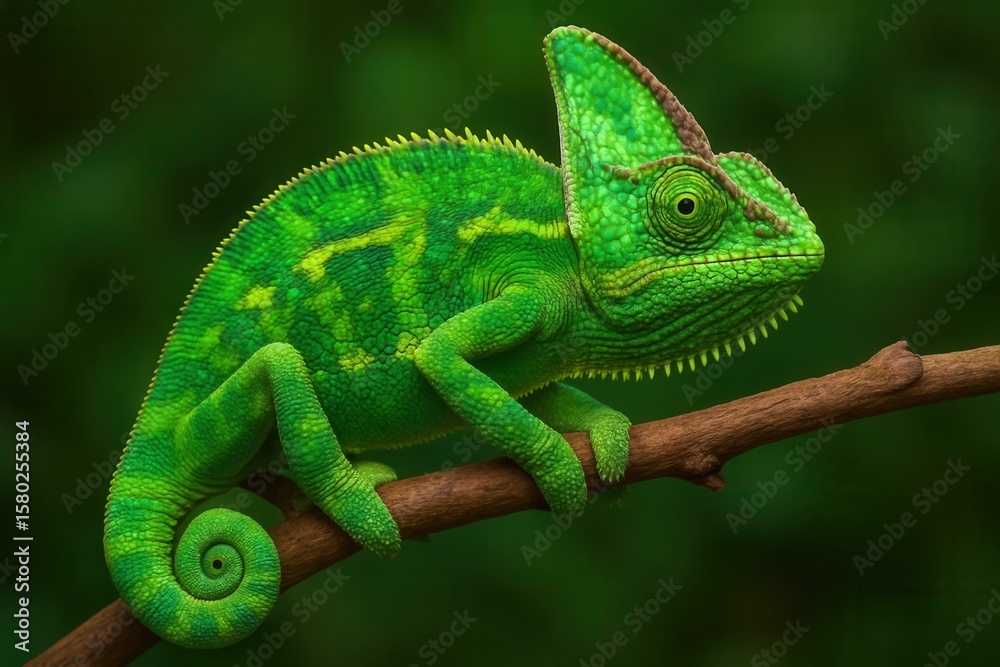 Obraz premium A serene green chameleon perches on a branch, its vibrant colors contrasting with the dark forest backdrop