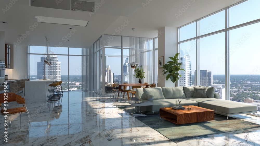 Fototapeta premium Modern urban living room with floor-to-ceiling windows and contemporary furnishings showcasing city views.