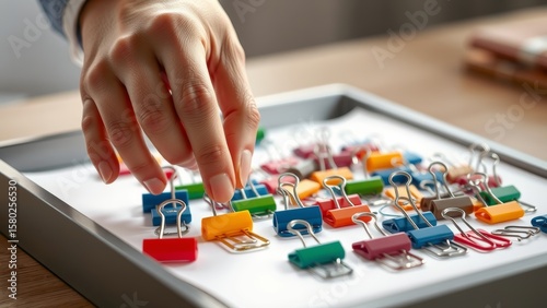 A hand arranges colorful binder clips on a desk tray in soft light. The high-res photo captures the texture and precision of the organized arrangement.