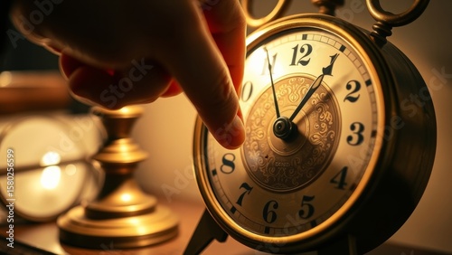 A hand turns a vintage clock in warm light. Intricate details and shallow depth of field create a nostalgic, intimate scene.