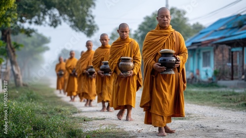 Buddhist monks dressed in saffron robes walking barefoot through a misty village at dawn
