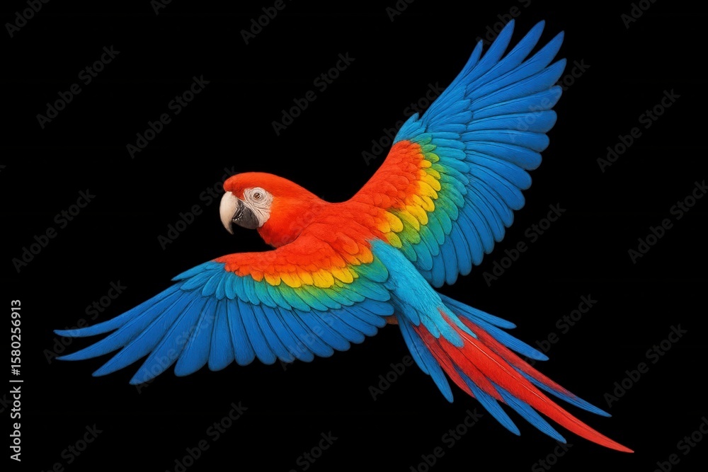Obraz premium A vibrant parrot soars in mid-flight against a stark black backdrop, its wings spread wide to display the full spectrum of colors