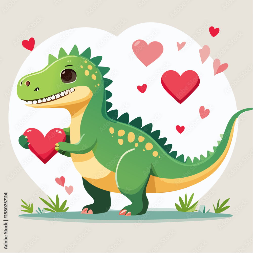 Naklejka premium Cute Cartoon Dinosaur Holding Heart with Love Symbols – Adorable Valentine’s Day or Friendship Illustration