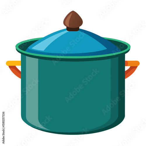 A large teal cooking pot with a domed lid, brown knob handle, and orange side handles, used for preparing meals and soups.