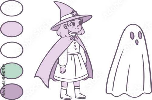 Cute cartoon witch girl in a purple cape and hat with a friendly ghost companion and color palette samples for illustration