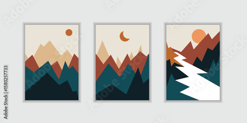 Modern mountain with sun abstract art wallpaper design illustration for prints wall art covers and invitation. paper cut mountain