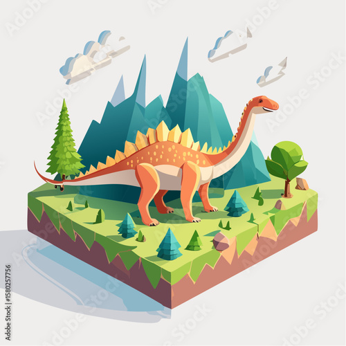 Cartoon Stegosaurus in a Low-Poly Prehistoric Landscape with Mountains and Trees

