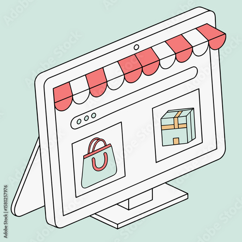 Illustration of a computer screen displaying an online store with a shopping bag and a package featuring a striped awning above the display