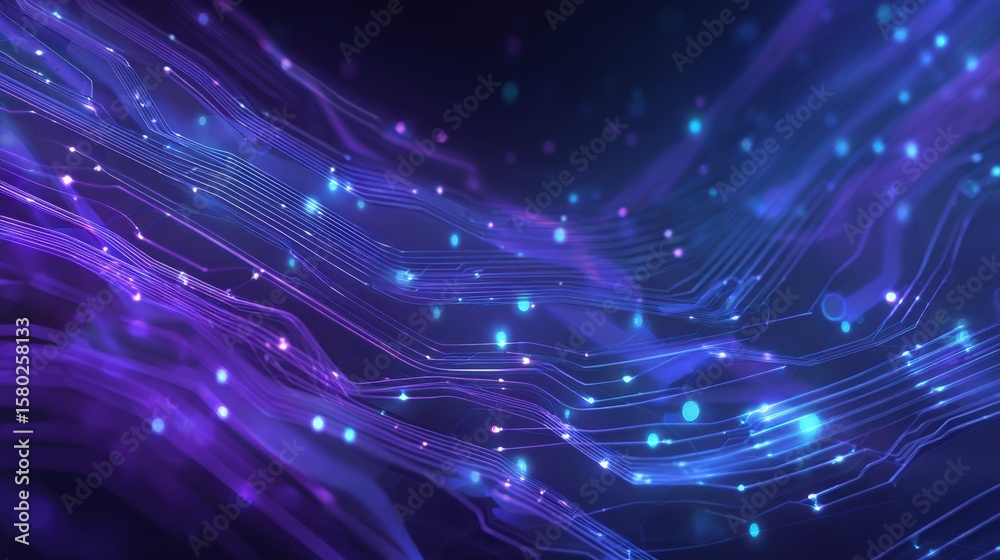 Obraz premium Vibrant abstract background showcasing flowing lines and luminous particles in purple and blue hues for digital visuals.