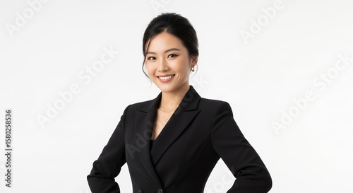 Confident young Asian businesswoman smiling in black suit with hands on hips against clean white studio background, concept for professional profile, business headshots and corporate website