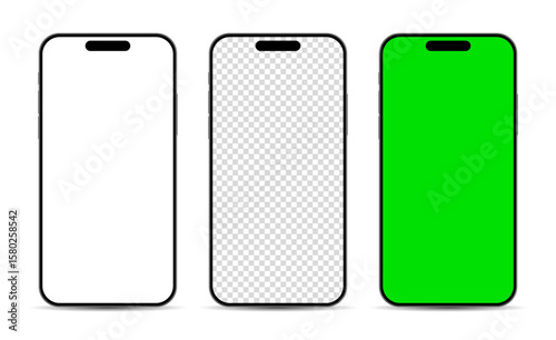 Realistic mobile phone, smartphone devices mockup template in blank, green screen and transparent display. Modern technology vector illustration
