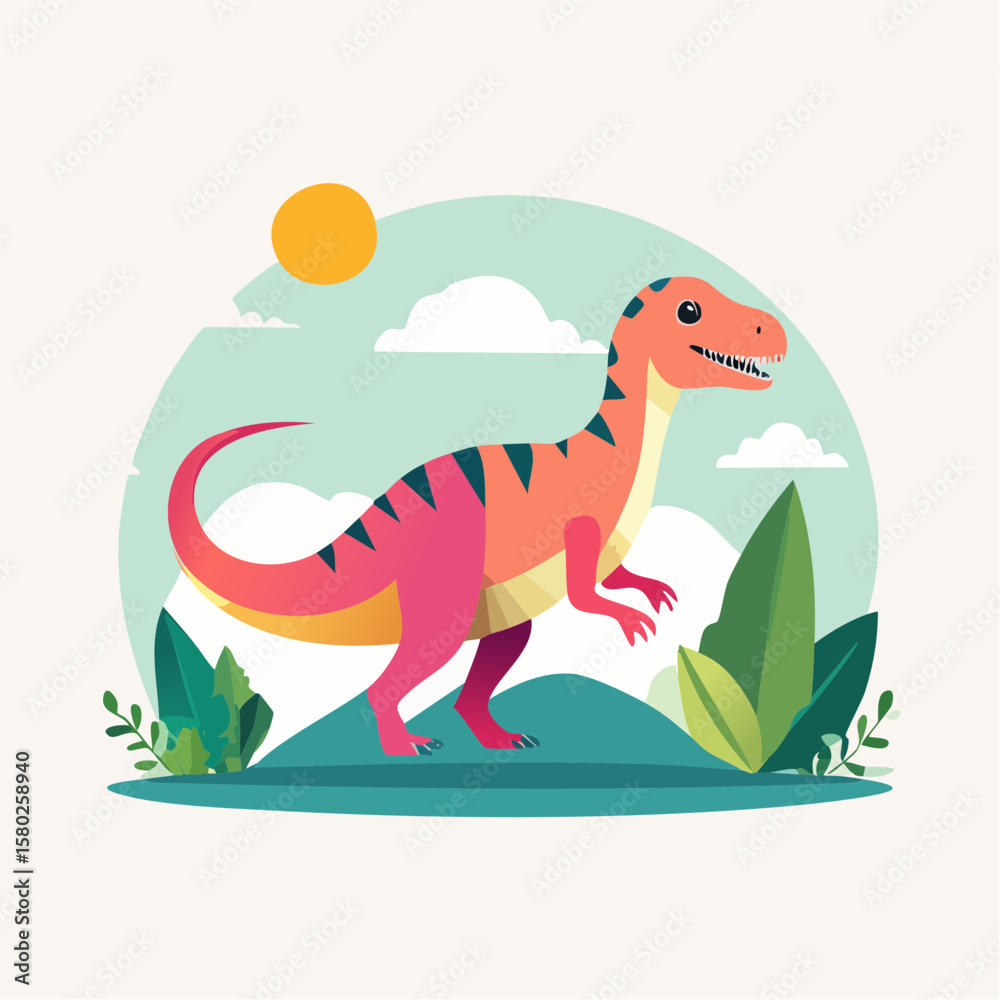 Naklejka premium Cute Cartoon Dinosaur with Tropical Leaves and Sunset Background – Fun Prehistoric Scene