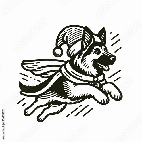 German Shepherd Dog wear santa Claus Costumes Flying with a Cape. Christmas Xmas Holiday Winter New Year Clipart Line Art Vector Illustration. Canine in garb soars cloak breed festive dress.