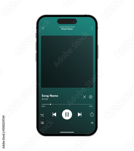 Music player app mockup in mobile phone, green theme user interface template vector illustration design