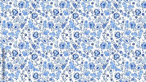 Seamless pattern featuring a delicate arrangement of blue flowers and leaves on a white background