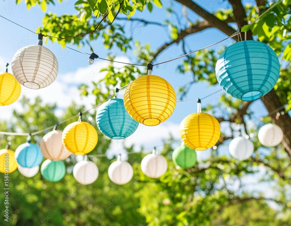 Obraz premium Colorful Outdoor Party Lanterns and String Lights