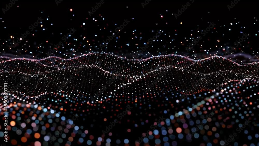 Digitized abstract particles form rolling waves on a black background