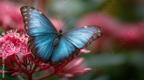 A vibrant blue butterfly rests on pink flowers