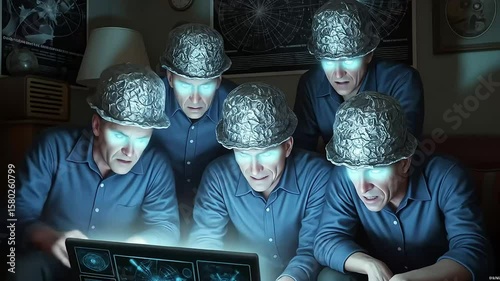 Fascinated group researches conspiracy theory with foil hats and laptop igniting intrigue skepticism and thought provoking questions