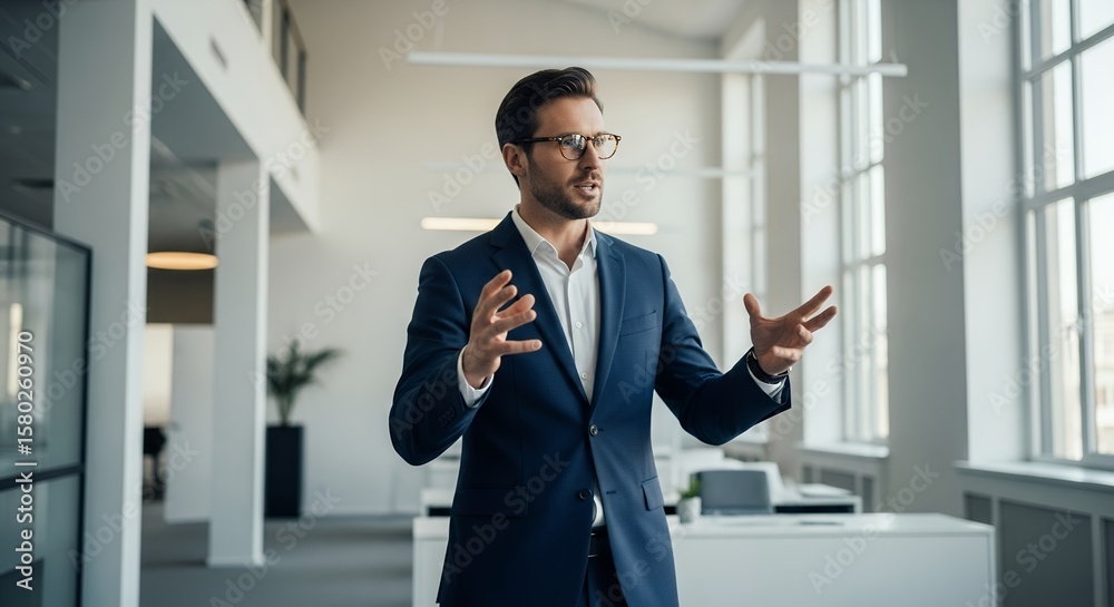 Professional businessman in dark suit and glasses gesturing dynamically while speaking in a bright modern office interior, concept for engaging business presentations, corporate leadership Professional businessman in dark suit and glasses gesturing dynamically while speaking in a bright modern office interior, concept for engaging business presentations, corporate leadership