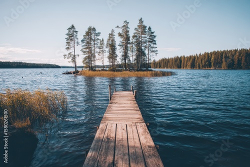 Serene wooden dock leading to a small island in a tranquil lake