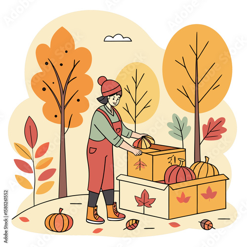 A person in warm clothing is packing pumpkins and autumn leaves into boxes in a park surrounded by colorful fall trees and falling leaves