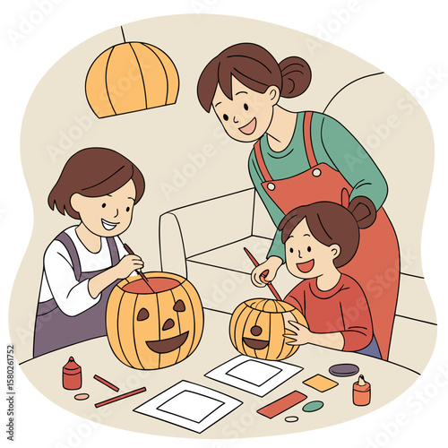 A mother and her two daughters are happily carving and decorating pumpkins together for halloween enjoying a festive family activity indoors