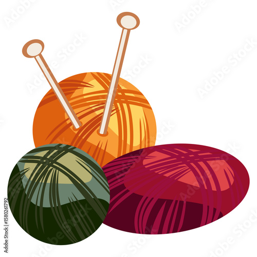 Colorful yarn balls with knitting needles in flat vector style. Great for crafting content, DIY branding, and hobby-themed seasonal illustrations