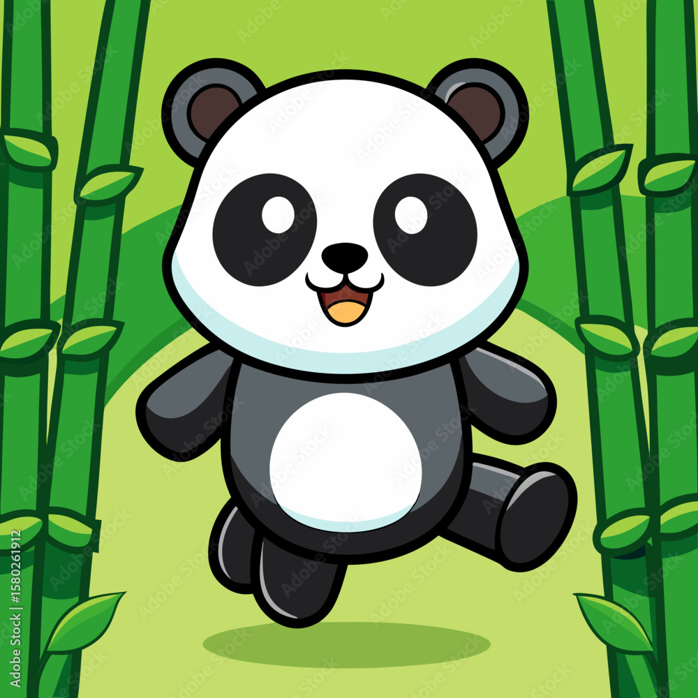 Obraz premium Cute panda bear cartoon illustration running through bamboo forest wildlife animal vector art design drawing
