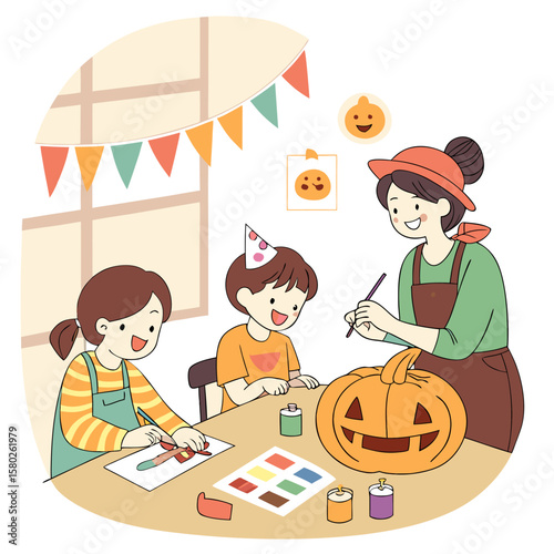 A mother and two children happily carving and decorating a jack o lantern together for halloween enjoying a creative autumn activity