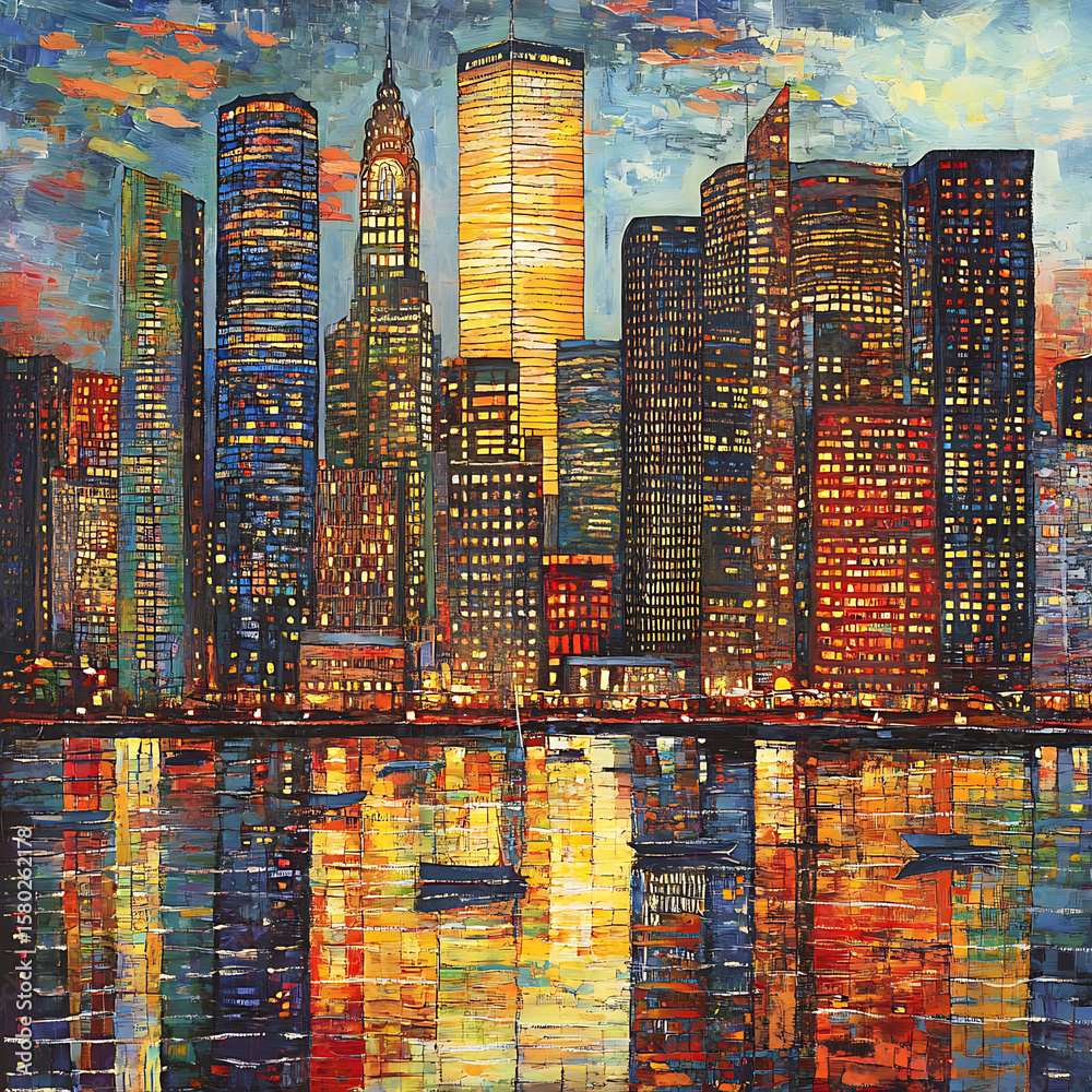 Obraz premium A bustling city skyline at dusk with the myriad of colors reflecting off the skyscrapers