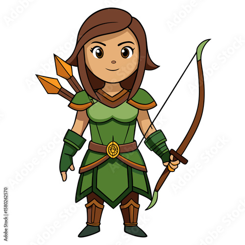 Illustration of cute archer girl with bow and arrow fantasy character for game asset design vector art