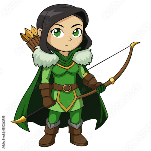 Illustration of cute archer girl with bow and arrow fantasy character for game asset design vector art